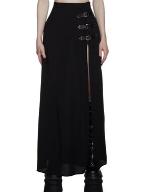 Widow - Maxi Skirt Black with Buckle Details and High Slit